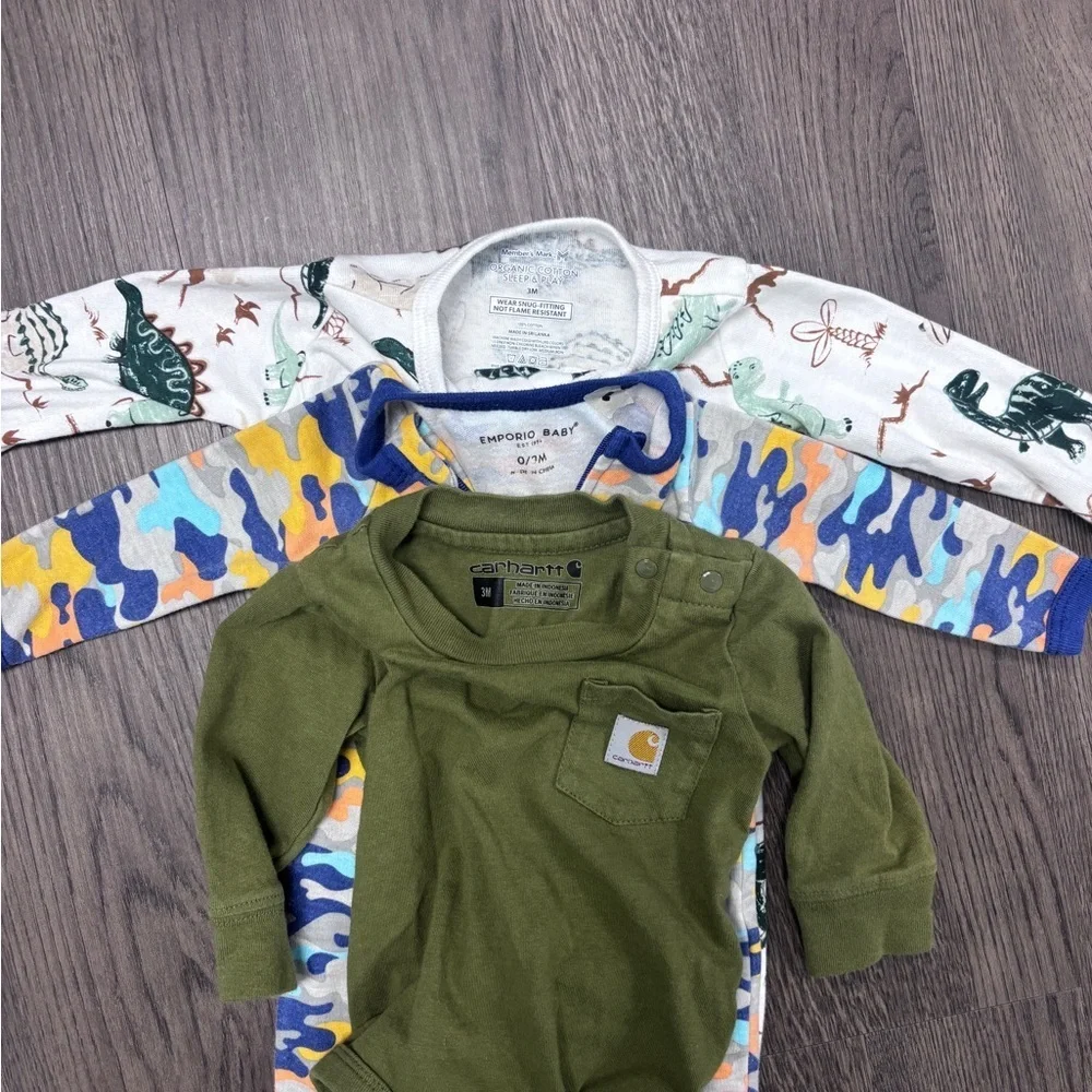 Set of three: (LtoR) 0-3mo Emporio Baby, 3mo Carhartt & 3mo Member’s Mark Onsies